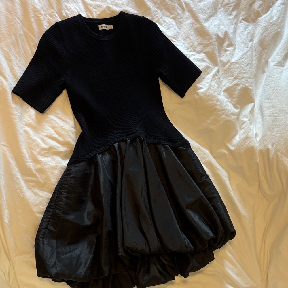 Jonathan Simkhai Black Short-Sleeve Fit & Flare Bubble Skirt Dress